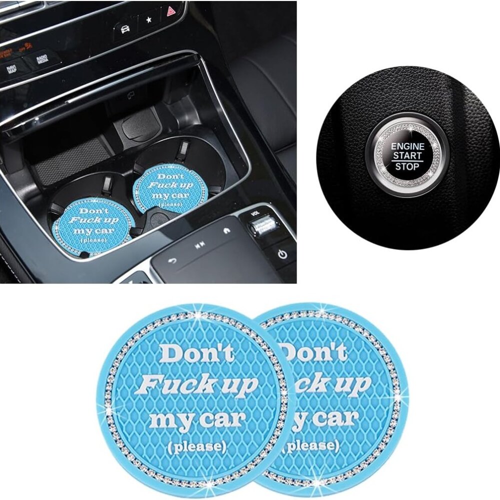 2 Pack Bling Car Cup Holder Coasters with Start Stop Button Cover, 2.75 inch Cry